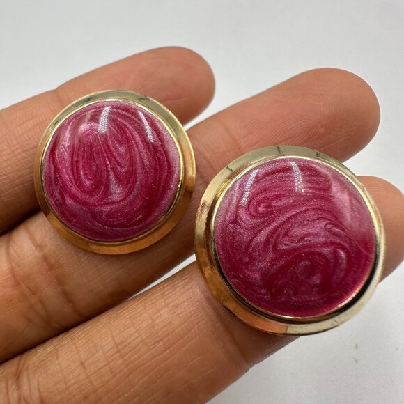 Vintage Jewelry - 3/$30 Vintage Pink Swirl Enamel Earrings Gold Tone Pierced Button Glossy 1980s